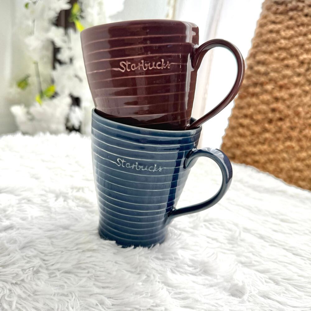 Starbucks Design House Stockholm Mug Lot | Brown & Navy Ribbed Stoneware | 12oz